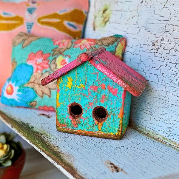 Dollhouse Miniature Birdhouse- Patina with Rainbow underneath