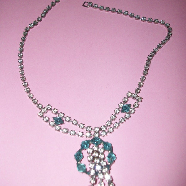 RESERVED SOLD to C - Vintage Blue & Clear Rhinestone Necklace #M54