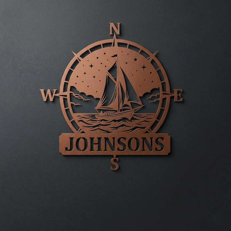 Personalized nautical compass metal wall decor featuring a sailboat at sea with custom family name, designed in a round coastal style. Available in multiple sizes and finishes including black, gold, silver, bronze, and white. Ideal for living rooms, entryways, beach houses, lake houses, or outdoor walls. Easy to hang and weather resistant. A unique gift for sailors, ocean lovers, housewarming, weddings, or modern coastal home decor.