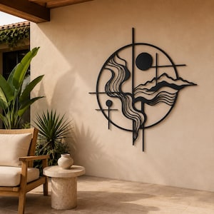 May include: A black metal wall art piece featuring a circular frame containing abstract linear designs, a solid circle, and mountain-like silhouettes. The structure includes vertical and horizontal lines that extend beyond the main circle.