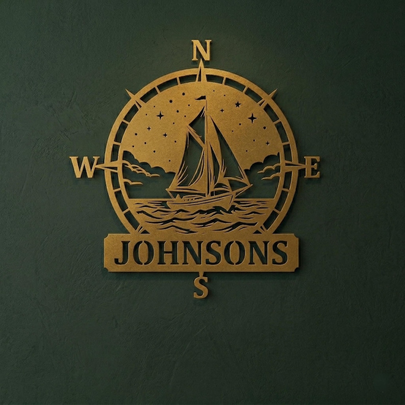Personalized nautical compass metal wall decor featuring a sailboat at sea with custom family name, designed in a round coastal style. Available in multiple sizes and finishes including black, gold, silver, bronze, and white. Ideal for living rooms, entryways, beach houses, lake houses, or outdoor walls. Easy to hang and weather resistant. A unique gift for sailors, ocean lovers, housewarming, weddings, or modern coastal home decor.