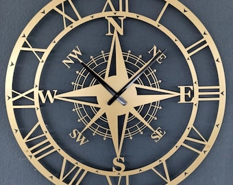 Reloj de Pared Brújula Grande, Números Romanos, Decoración Industrial, Reloj Silencioso, Estilo Rústico