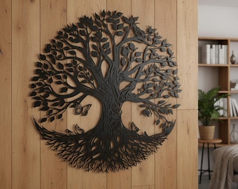 May include: Black metal tree of life wall art with detailed design. The artwork depicts a tree with leaves, roots, butterflies, and an owl. It's mounted on a wooden wall, adding a natural element to the decor.
