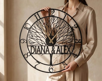 Reloj de Pared de Metal Personalizado con Nombre, Árbol de la Vida, Reloj Familiar Moderno Decoración