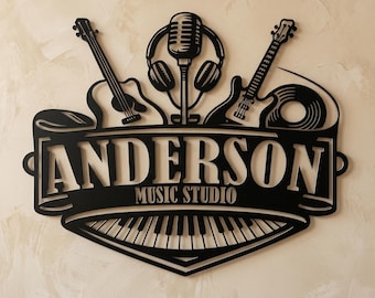 Personalized Music Name Metal Decor with Guitar Microphone Headphones, Custom Recording Sign