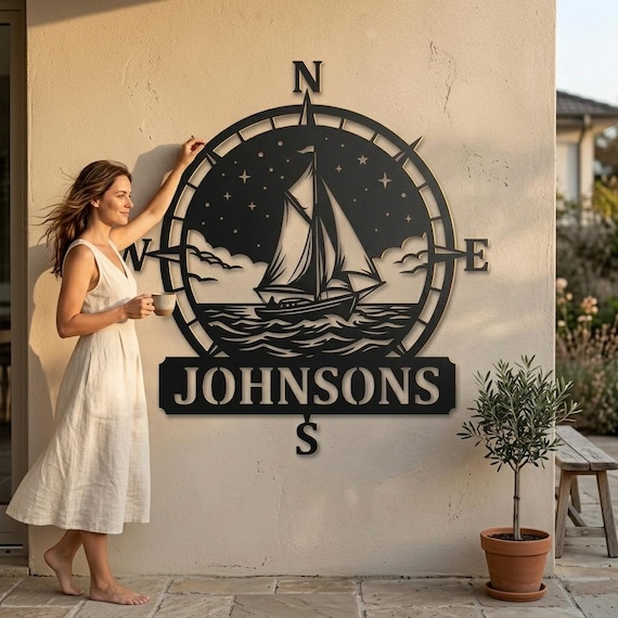 Personalized Nautical Compass Metal Wall Decor with Sailboat, Custom Family Name Coastal Sign
