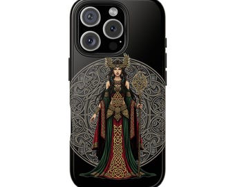 May include: Black phone case featuring a detailed illustration of a woman in a Celtic-inspired gown. The design includes a gold headdress, staff, and intricate knotwork patterns in red, green, and gold against a gray background.