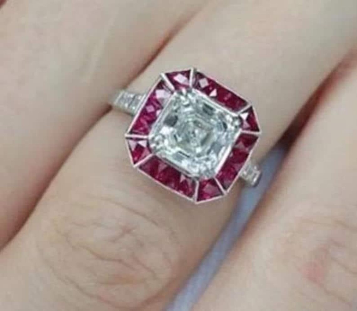 Art Deco Style Asscher Cut Moissanite & Ruby Ring, 14K White Gold ...