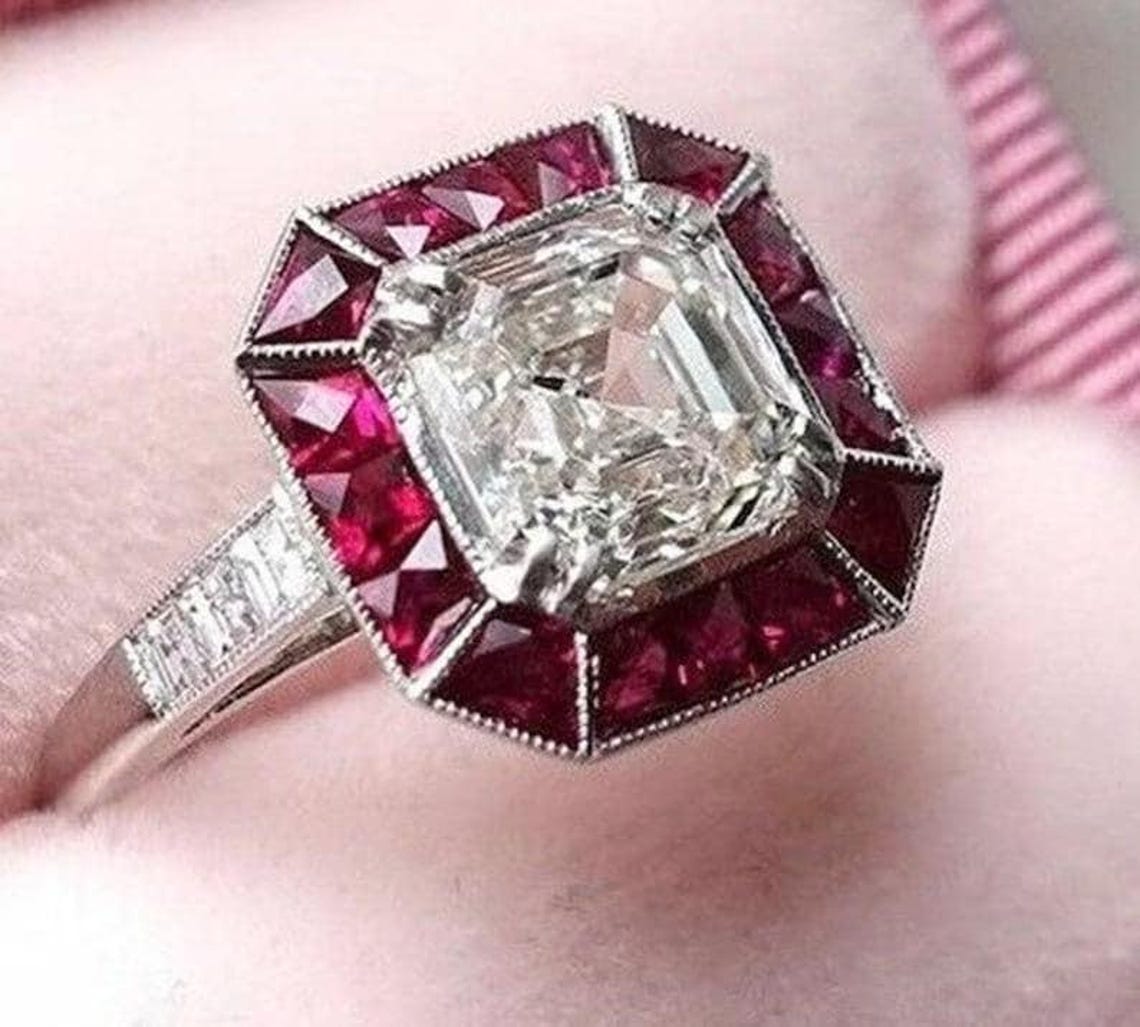 Art Deco Style Asscher Cut Moissanite & Ruby Ring, 14K White Gold ...