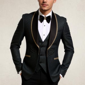 Luxury Men’s Black and Gold Tuxedo – 3 Piece Suit with Vest – Groom Wedding Suit, Prom Outfit, Stage Performance Jacket