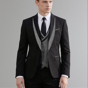 Luxury Men’s Black Tuxedo – 3 Piece Suit with Vest – Groom Wedding Suit, Prom Outfit, Stage Performance Jacket