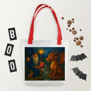 Fantasy Wizard Tote Bag – Dragon Gift for Book Lovers, Gamers, Mystics, Witchcore Aesthetic