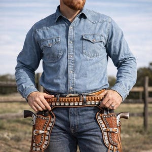 Western Gun Holster Belt Leather Revolver Pistol Full Tooling and Conchos.