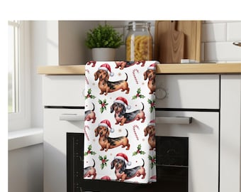 Kersttheedoek, 100% katoenen twill met teckelprint, 45,7 x 76,2 cm
