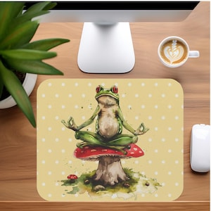 Yoga Frog Mushroom Mouse Pad | Whimsical Polka Dot Desk Mat