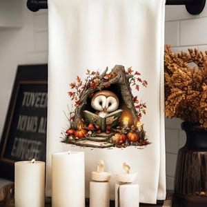 Autumn Owl Tea Towel: Cozy Fall Kitchen Decor