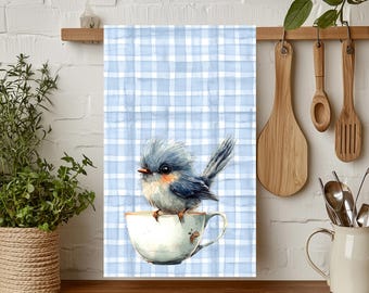 Paño de cocina con estampado de carbonero a cuadros azules / Ropa de cocina con estampado de pájaro en taza