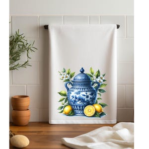 Chinoiserie  Tea Towels, Decorative Kitchen Towels, Lemon Decor, Tea Towel Gift, Blue and Yellow Kitchen Accessories