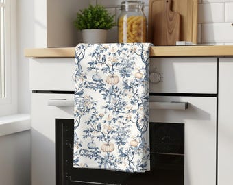 Strofinaccio da cucina con motivo di zucche blu e rampicanti / decorazione autunnale in stile rustico