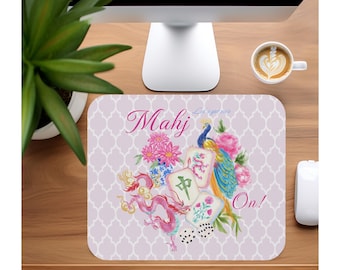 Alfombrilla de ratón con diseño de Mahjong en fichas / Diseño floral de pavo real para Mahjong
