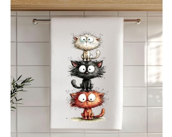 Stacked Whimsical Cats Tea Towel | Cute Cartoon Cat Kitchen Towel