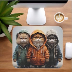 Three Kittens in Hoodies Mouse Pad | Whimsical Cat Trio Desk Mat