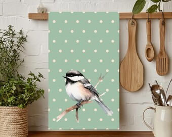 Paño de cocina con estampado de carbonero sobre fondo de lunares / Toalla de cocina con estampado de pájaros