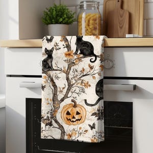 ハロウィンキッチンタオル、黒猫とジャック・オー・ランタン柄、綿100％ツイル、18×30