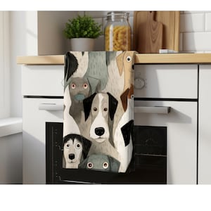 Dog Tea Towel, Cotton Twill Kitchen with Illustrated Dog Faces, 18 × 30 In