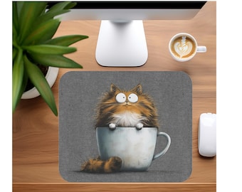 Tappetino per mouse con gatto soffice in tazza da tè / Tappetino da scrivania con gattino carino