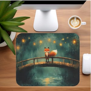 Whimsical Fox on Bridge Mouse Pad | Lantern Night Desk Mat