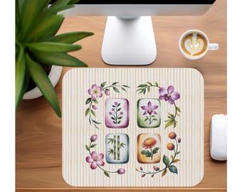 Alfombrilla de ratón con diseño floral vintage / Flores botánicas, fondo a rayas