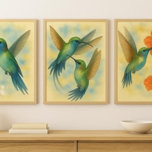 Watercolor Hummingbird Wall Art Set of 3 | Botanical Bird Prints | Vibrant Floral Nature Decor for Living Room or Bedroom
