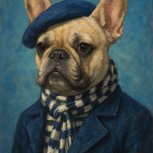 French Bulldog Parisian Wall Art, Funny Dog Portrait, Blue Beret Dog Print, Printable Digital Download, Frenchie Decor, Pet Lover Gift
