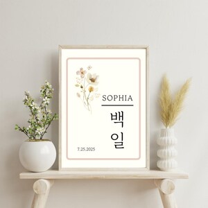 Peut inclure: Une impression encadrée avec le nom "SOPHIA" et des caractères coréens, avec un motif floral à l'aquarelle. L'impression a une bordure rose clair et la date 7.25.2025. L'impression est affichée sur une étagère en bois clair avec des vases et des fleurs décoratifs.