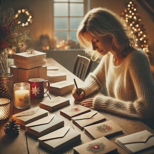 May include: A person writing on holiday cards at a wooden table. The table is covered with stacks of cards, envelopes, and a lit candle. A red mug with a snowflake design sits nearby. The scene is warmly lit with soft, ambient lighting.