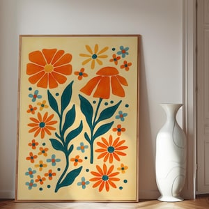 Boho Abstract Flowers Poster Print, Botanical Vintage Art Print, Terracotta Prints, Flower Market Poster, Vintage Flower Wall Art