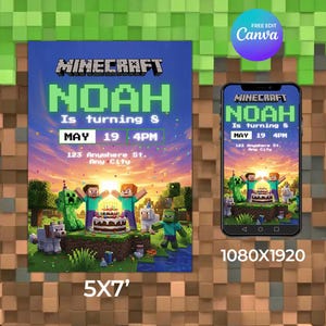 Invitación de cumpleaños de Minecraft: plantilla editable de Canva, descarga digital imprimible, invitación personalizada para fiesta infantil, tarjeta temática de juego de píxeles