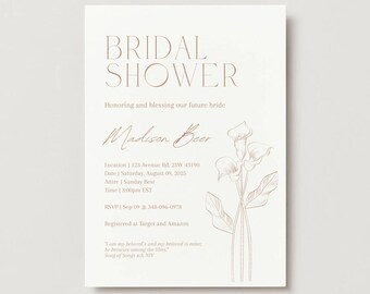 May include: A cream-colored bridal shower invitation with elegant typography and a floral illustration. The text includes "BRIDAL SHOWER", the bride's name, event details, and RSVP information. The design is simple and sophisticated.