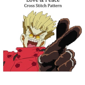 May include: Cross stitch pattern of a cartoon character with blonde hair and a red jacket making a peace sign. The pattern is titled "Love & Peace" and is designed by Amber Plager.