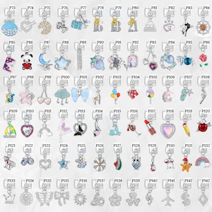 May include: A collection of silver-toned charms with various designs, including a seashell, guitar, lemon slice, and a panda bear. Other charms feature a star, moon, and a bow. These charms are suitable for bracelets or necklaces.