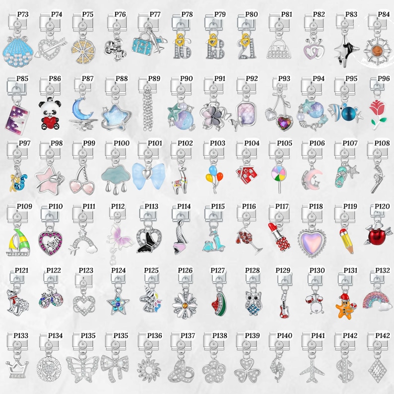 May include: A collection of silver-toned charms with various designs, including a seashell, guitar, lemon slice, and a panda bear. Other charms feature a star, moon, and a bow. These charms are suitable for bracelets or necklaces.