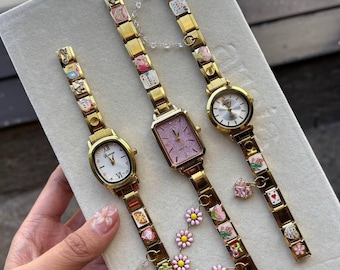 Gold Italian Charm Watch Bracelet, Custom Watch Band, Gift For Her