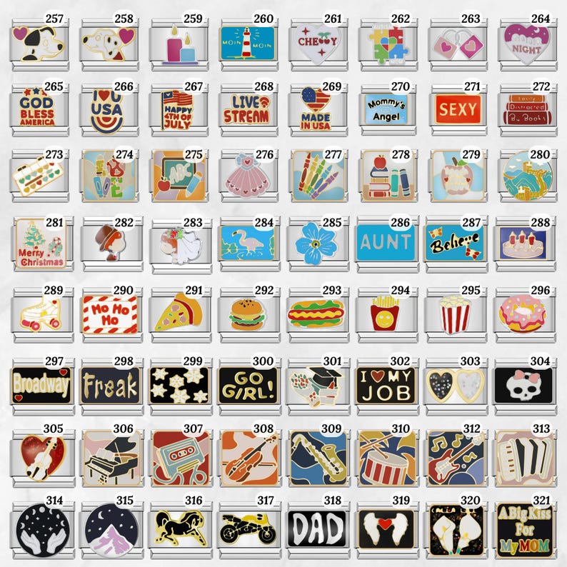 May include: A collection of silver-toned charm pendants with various designs. The charms feature images and text, including a cow, a dog, candles, a lighthouse, a cross, puzzle pieces, hearts, and the words "Broadway" and "Freak".