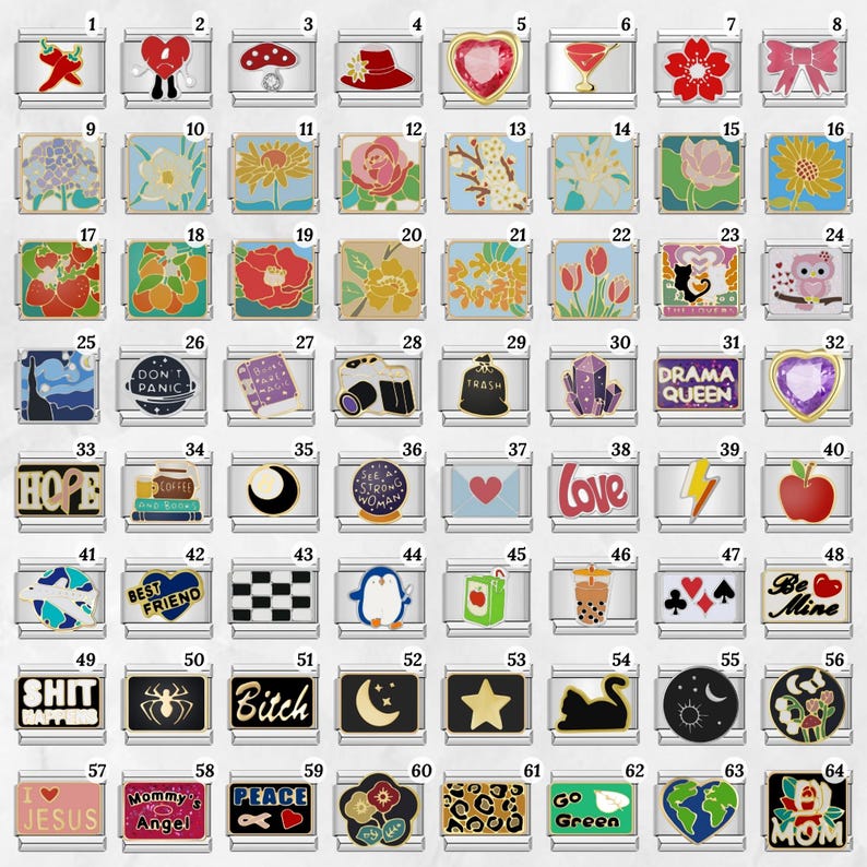 May include: A collection of silver-toned charm pendants with various designs. The charms feature images such as hearts, flowers, text, and other symbols. The collection includes a variety of colors and styles, suitable for charm bracelets or necklaces.