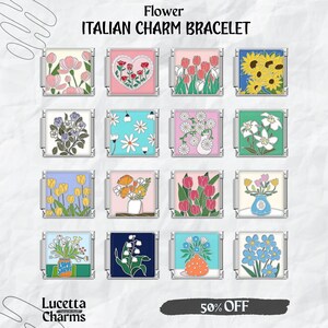 Pode incluir: Pulseira de berloques italianos de flores com dezasseis berloques quadrados com desenhos florais. Os berloques incluem girassóis, tulipas e margaridas. A pulseira é da Lucetta Charms.