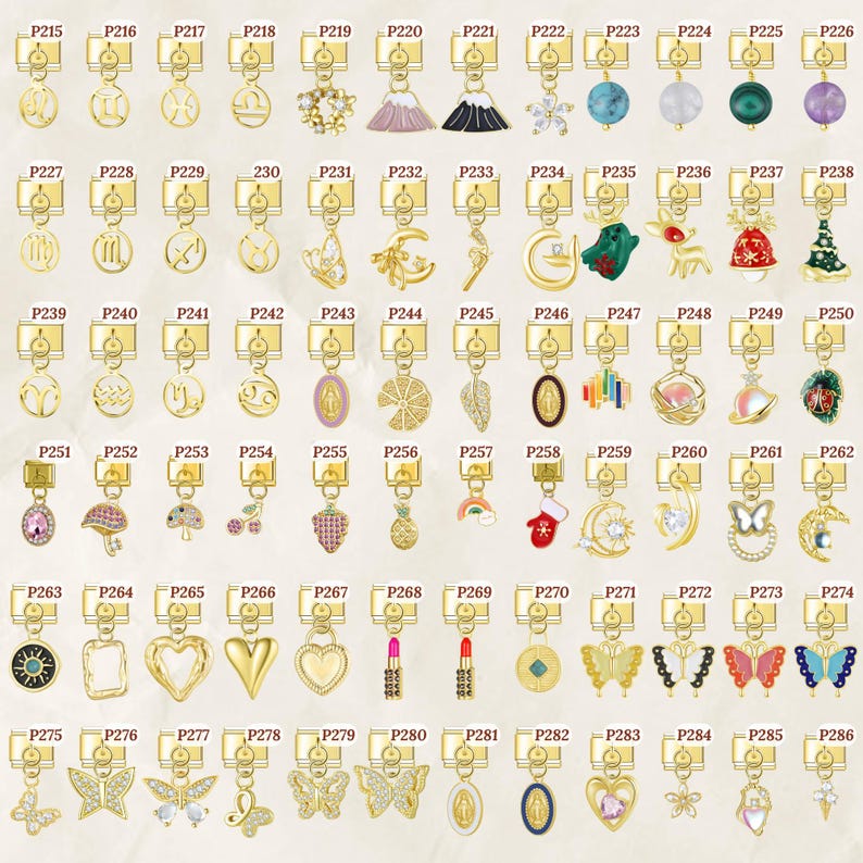 Puede incluir: Una colecci&oacute;n de colgantes dorados con diversos dise&ntilde;os, incluyendo signos del zodiaco, flores y amuletos. Cada colgante est&aacute; unido a un cierre dorado. Los colgantes est&aacute;n dispuestos en filas, mostrando una variedad de estilos.