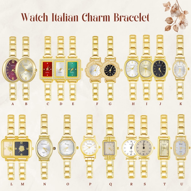 Puede incluir: Una colecci&oacute;n de relojes dorados con varios dise&ntilde;os de esfera, incluyendo formas redondas, cuadradas y ovaladas. Algunos relojes presentan n&uacute;meros romanos, mientras que otros tienen n&uacute;meros ar&aacute;bigos. La imagen est&aacute; etiquetada como "Watch Italian Charm Bracelet."