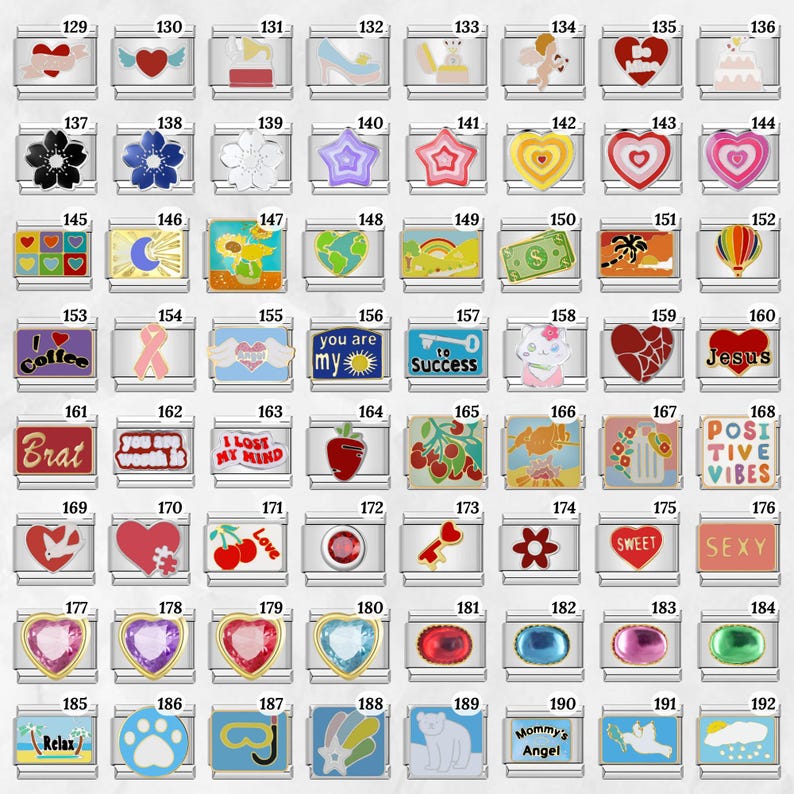 May include: A collection of decorative charms with various designs, including hearts, flowers, stars, and inspirational phrases. The charms feature a mix of colors and styles, suitable for jewelry making or personalizing accessories.