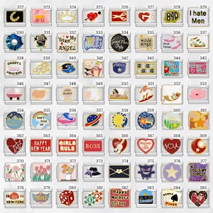 May include: A collection of stainless steel charm links with various designs. Includes charms with text like "BOSS", "HAPPY NEW YEAR", and "GIRLS RULE". Other charms feature hearts, flowers, and cartoon characters.
